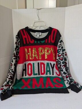 Feeling Festive Happy Holidays Leopard Sleeve Sweater - Red Green Black- Large